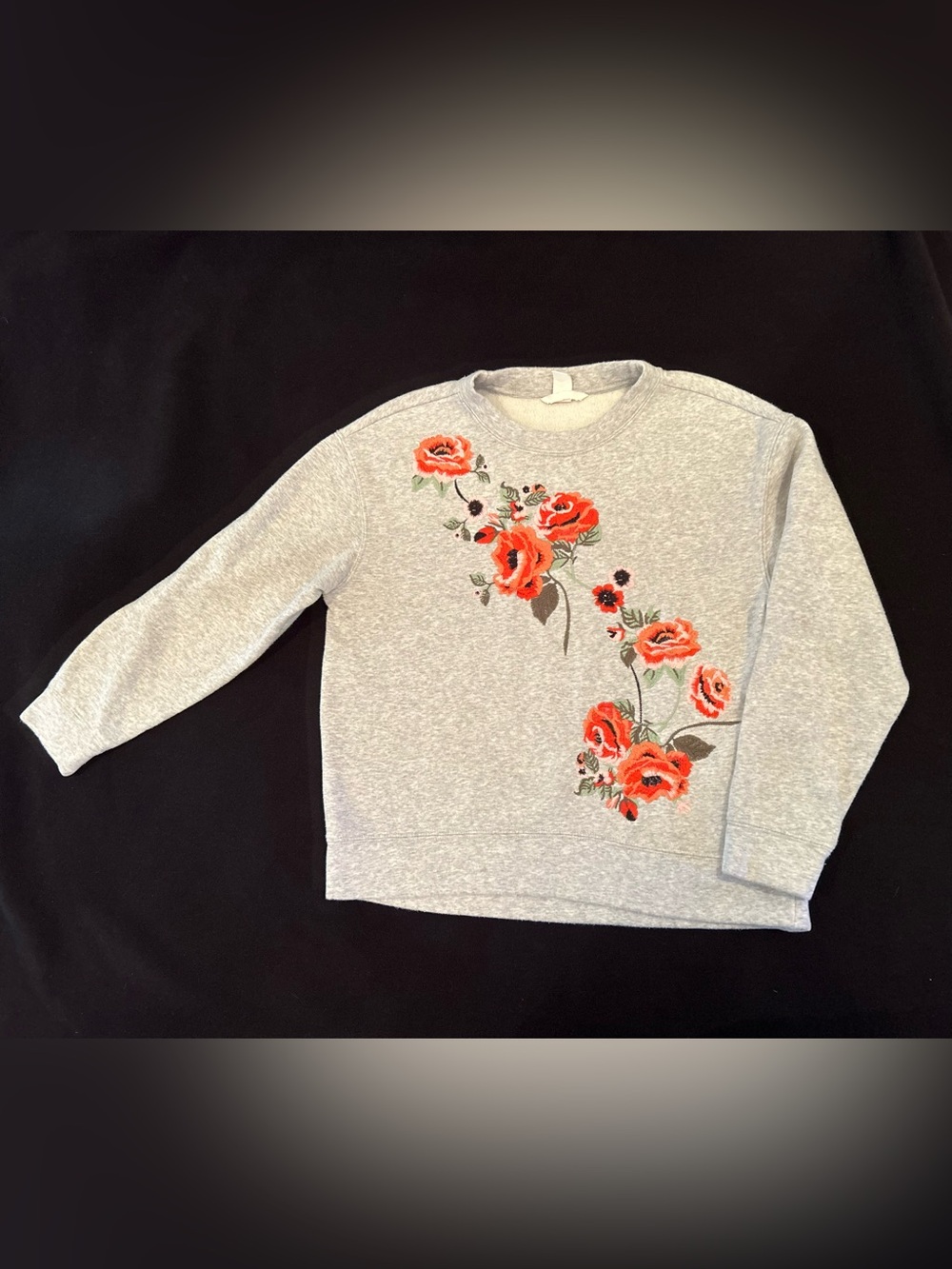 H&M Gray Crewneck Sweater with Red Floral Embroidery